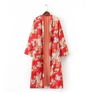 Red Floral Print Kimono